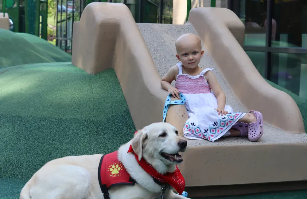 girl on slide with dog