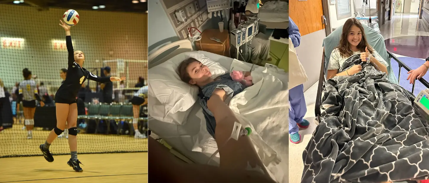 girl playing volleyball and in hospital bed